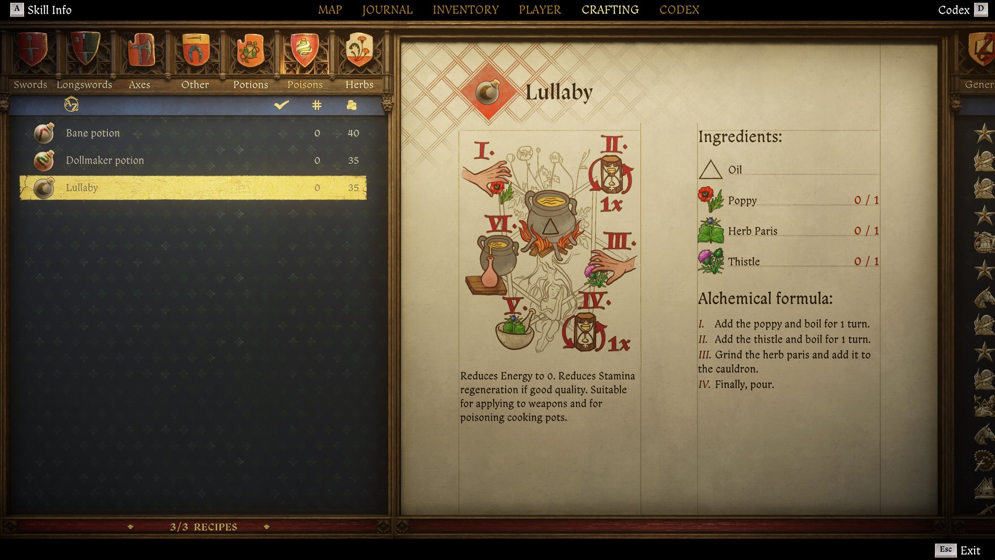 The crafting screen in Kingdom Come: Deliverance 2, with instructions and an illustration of the Lullaby Poison recipe. - 21