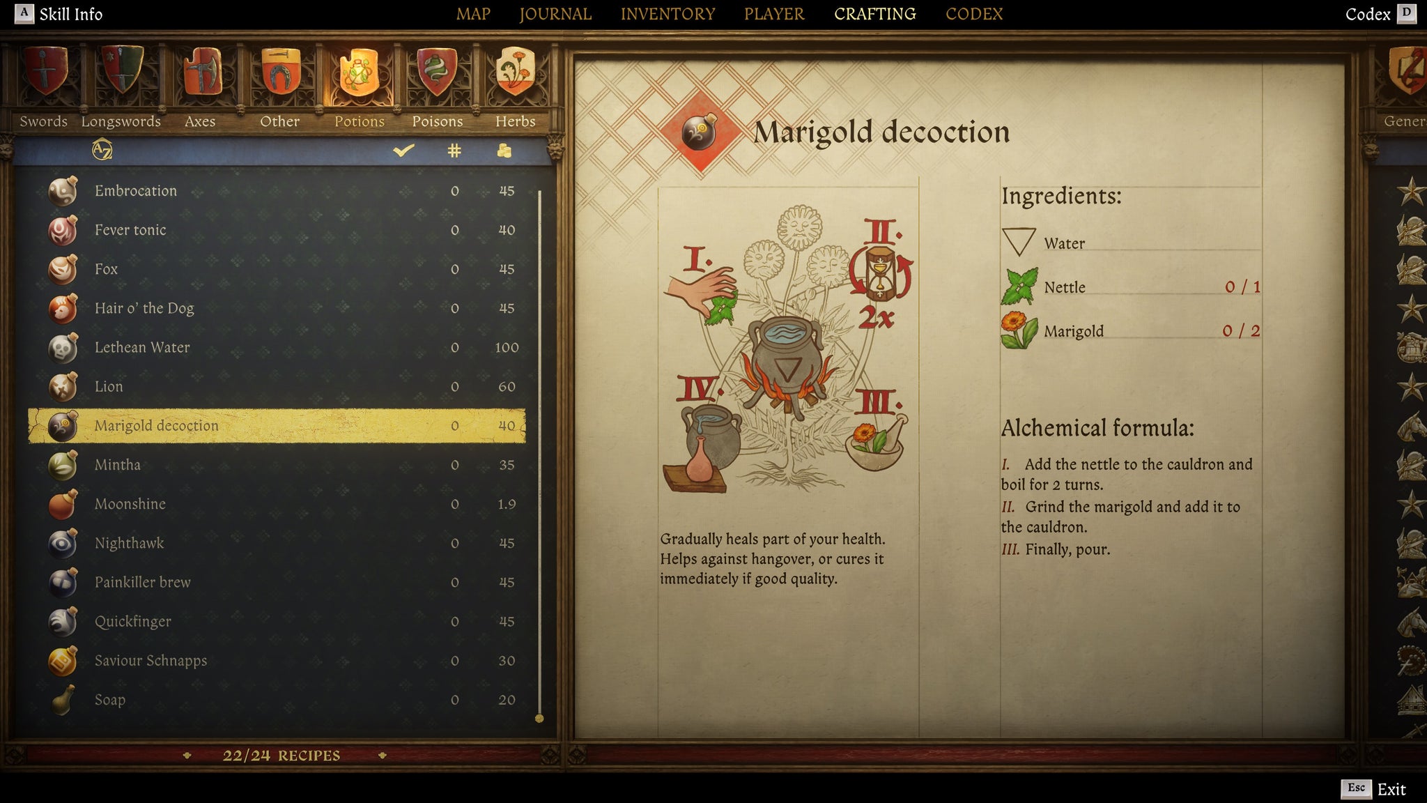 The crafting screen in Kingdom Come: Deliverance 2, with instructions and an illustration of the Marigold Decoction Potion recipe. - 22
