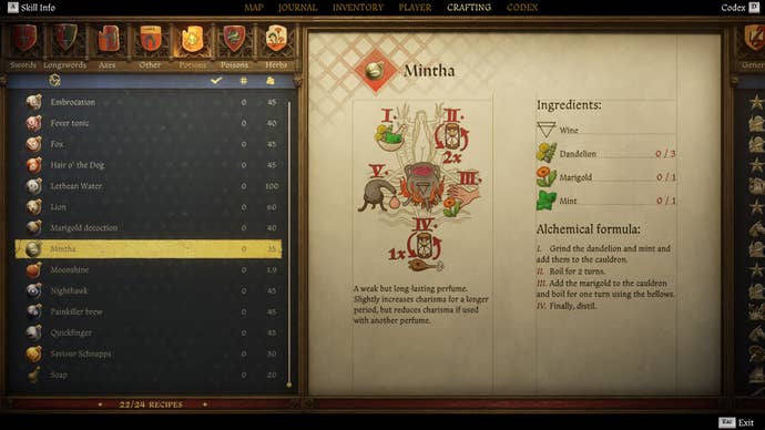 The crafting screen in Kingdom Come: Deliverance 2, with instructions and an illustration of the Mintha Perfume recipe.