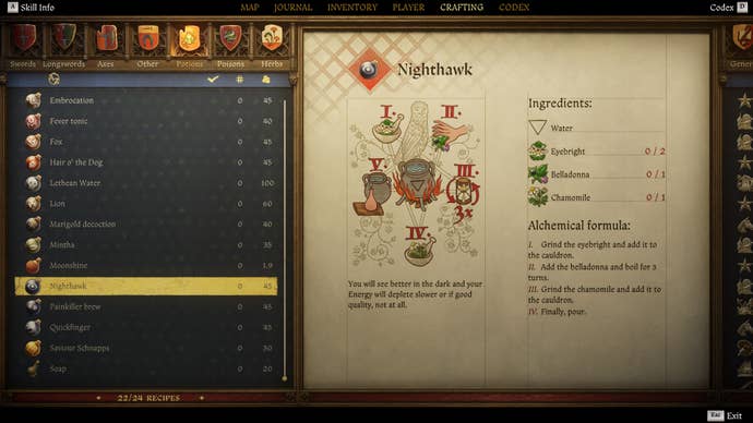 The crafting screen in Kingdom Come: Deliverance 2, with instructions and an illustration of the Nighthawk Potion recipe.