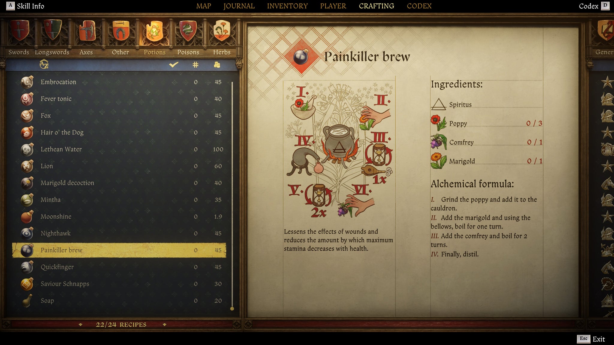 The crafting screen in Kingdom Come: Deliverance 2, with instructions and an illustration of the Painkiller Brew Potion recipe. - 26