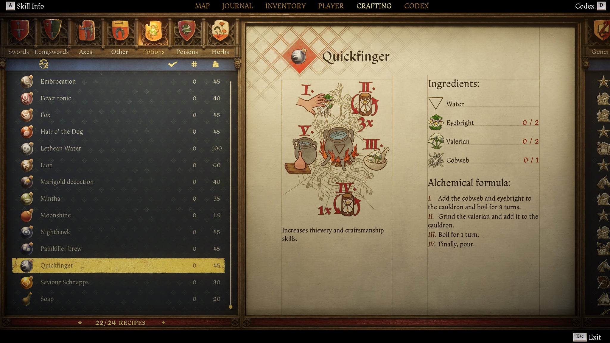 The crafting screen in Kingdom Come: Deliverance 2, with instructions and an illustration of the Quickfinger Potion recipe. - 27