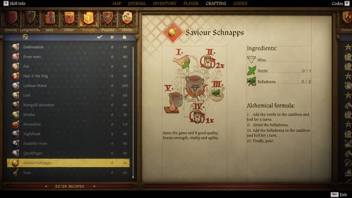 The crafting screen in Kingdom Come: Deliverance 2, with instructions and an illustration of the Saviour Schnapps Potion recipe.