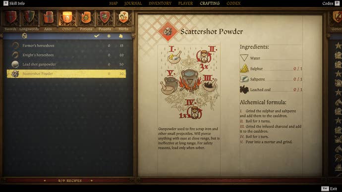 The crafting screen in Kingdom Come: Deliverance 2, with instructions and an illustration of the Scattershot Powder recipe.
