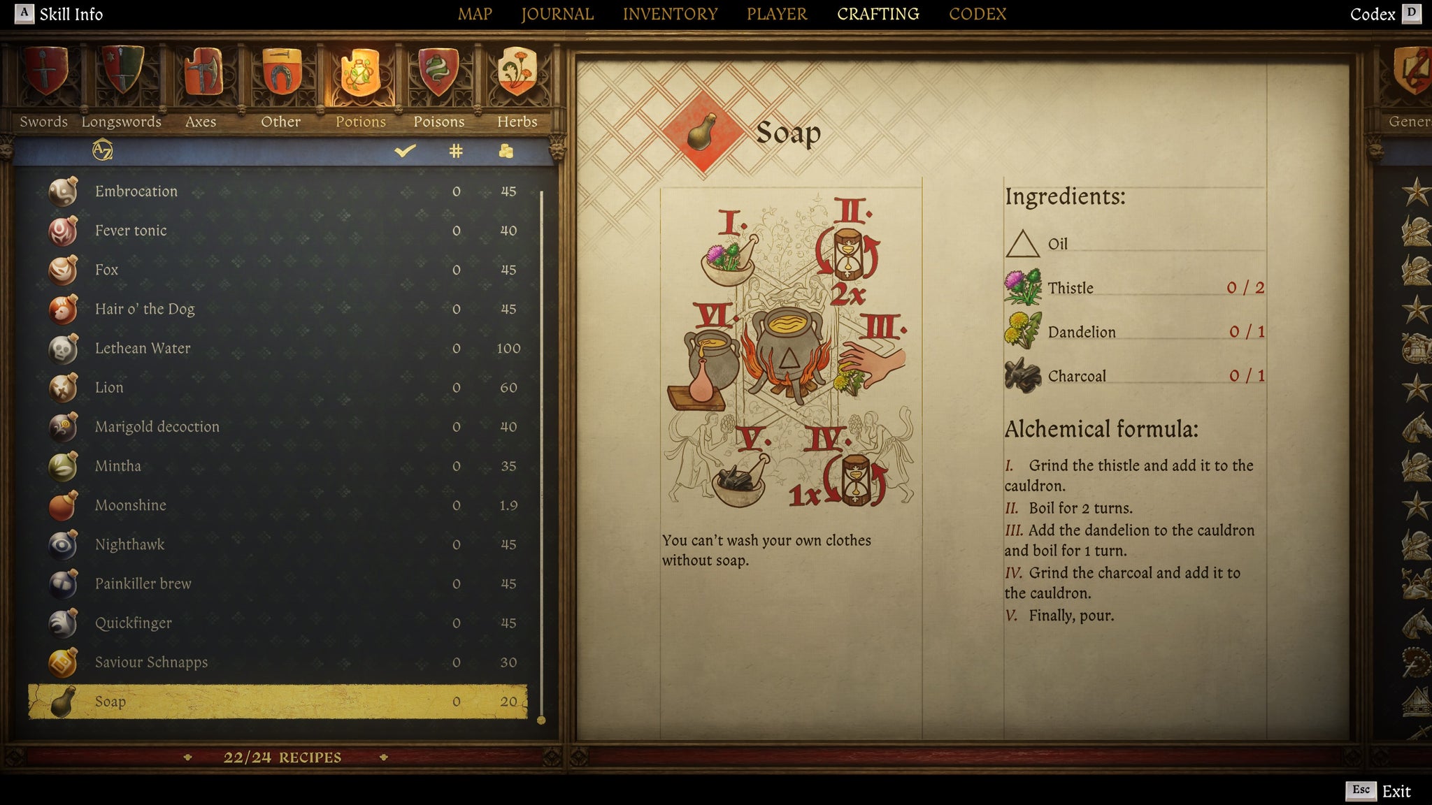 The crafting screen in Kingdom Come: Deliverance 2, with instructions and an illustration of the Soap recipe. - 29
