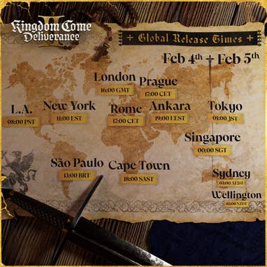 Un mapa estilizado del mundo con los tiempos de lanzamiento del Reino viene: liberación 2 en varias regiones marcadas en todo el mapa.