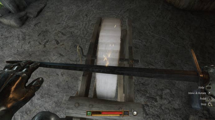 Henry sharpening a sword to repair its durability in Kingdom Come Deliverance 2.