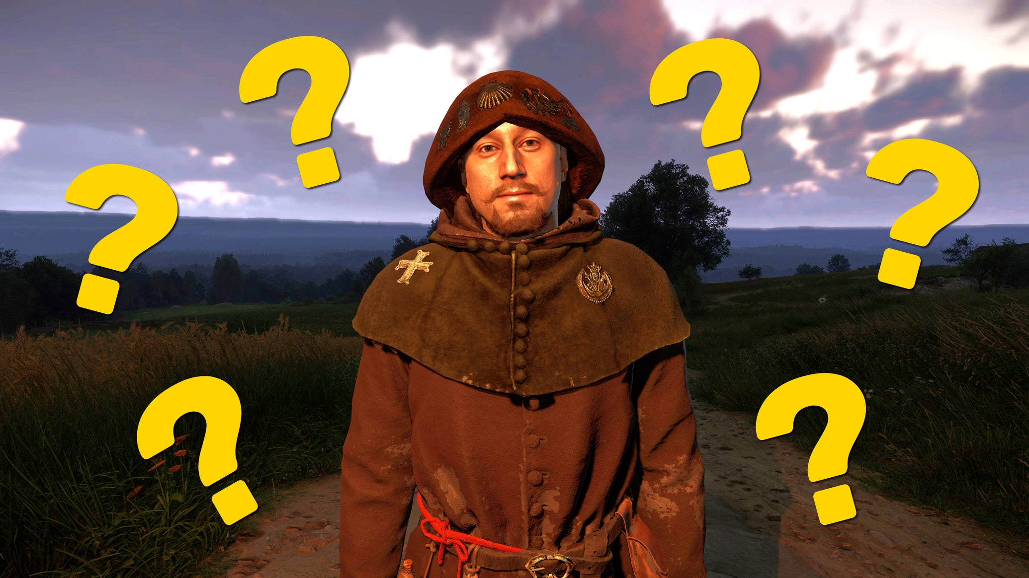 A close-up of the face of Riddler Barley, an NPC in Kingdom Come: Deliverance 2. Around him are superimposed various yellow question marks. - 1