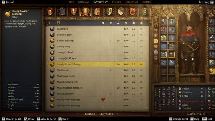 The player’s inventory in Kingdom Come: Deliverance 2, with some Saviour Schnapps highlighted.