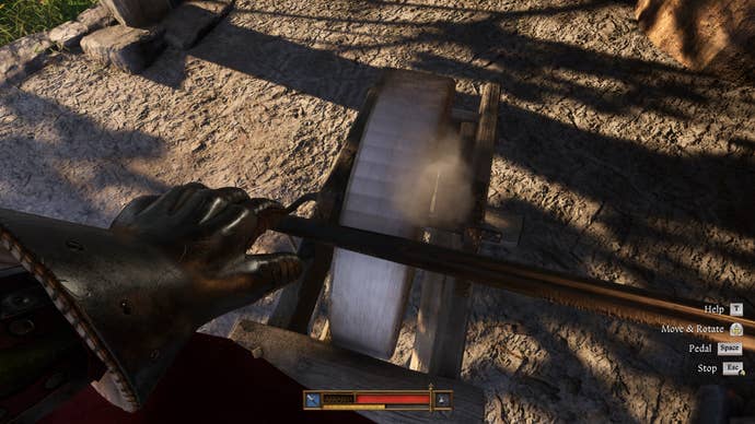 The player in Kingdom Come: Deliverance 2 attempts to sharpen his sword on a Sharpening Wheel, but smoke issues from the blade.
