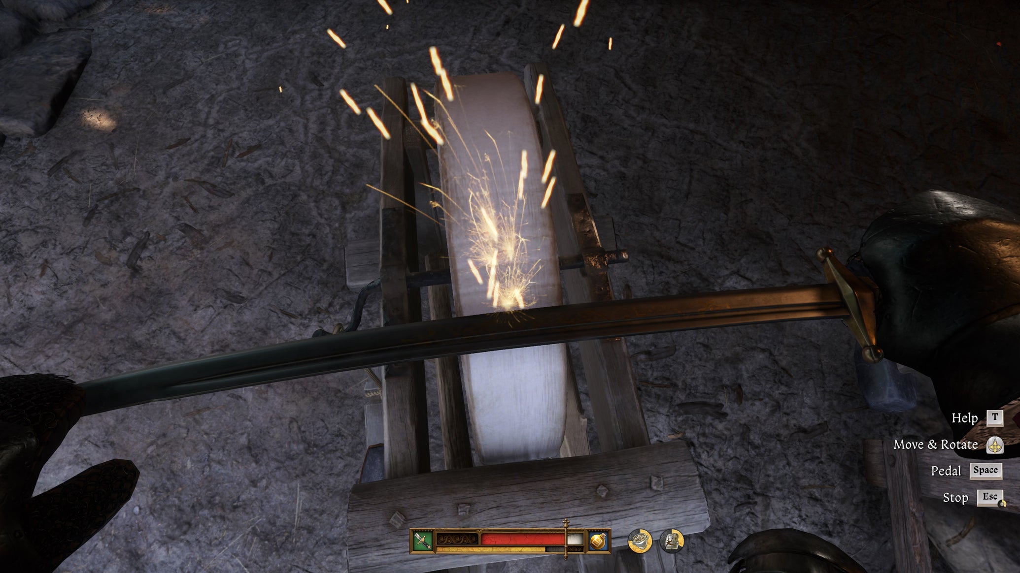 The player in Kingdom Come: Deliverance 2 sharpens a curved sword blade on a Sharpening Stone. - 1