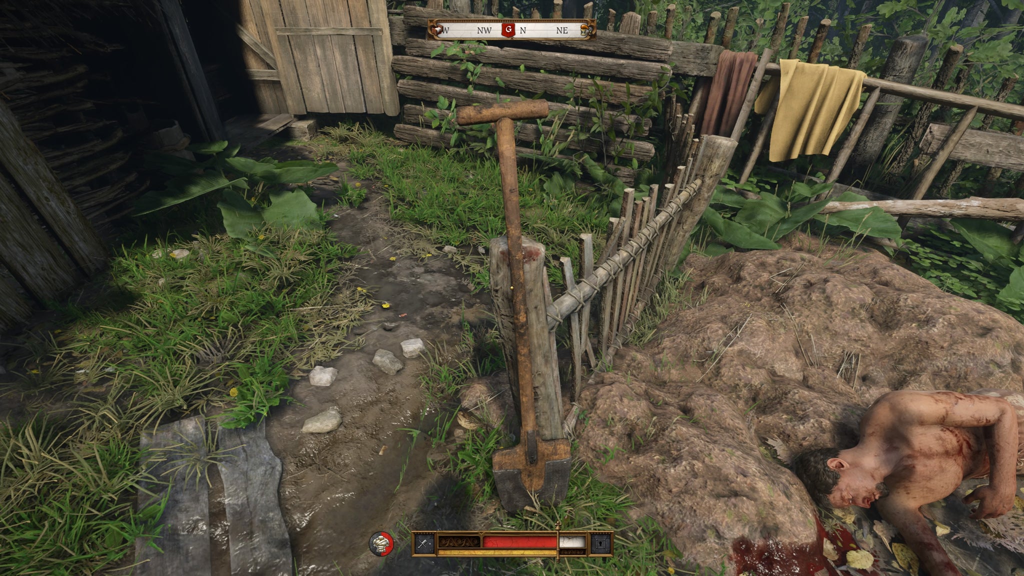 A shovel propped up against a fence in Kingdom Come Deliverance 2. - 4