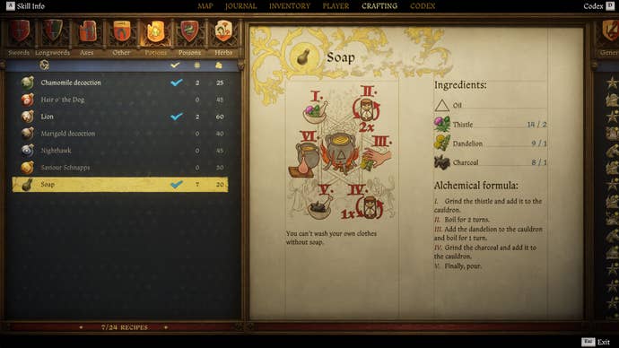 The recipe for soap displayed in a menu in Kingdom Come: Deliverance 2.