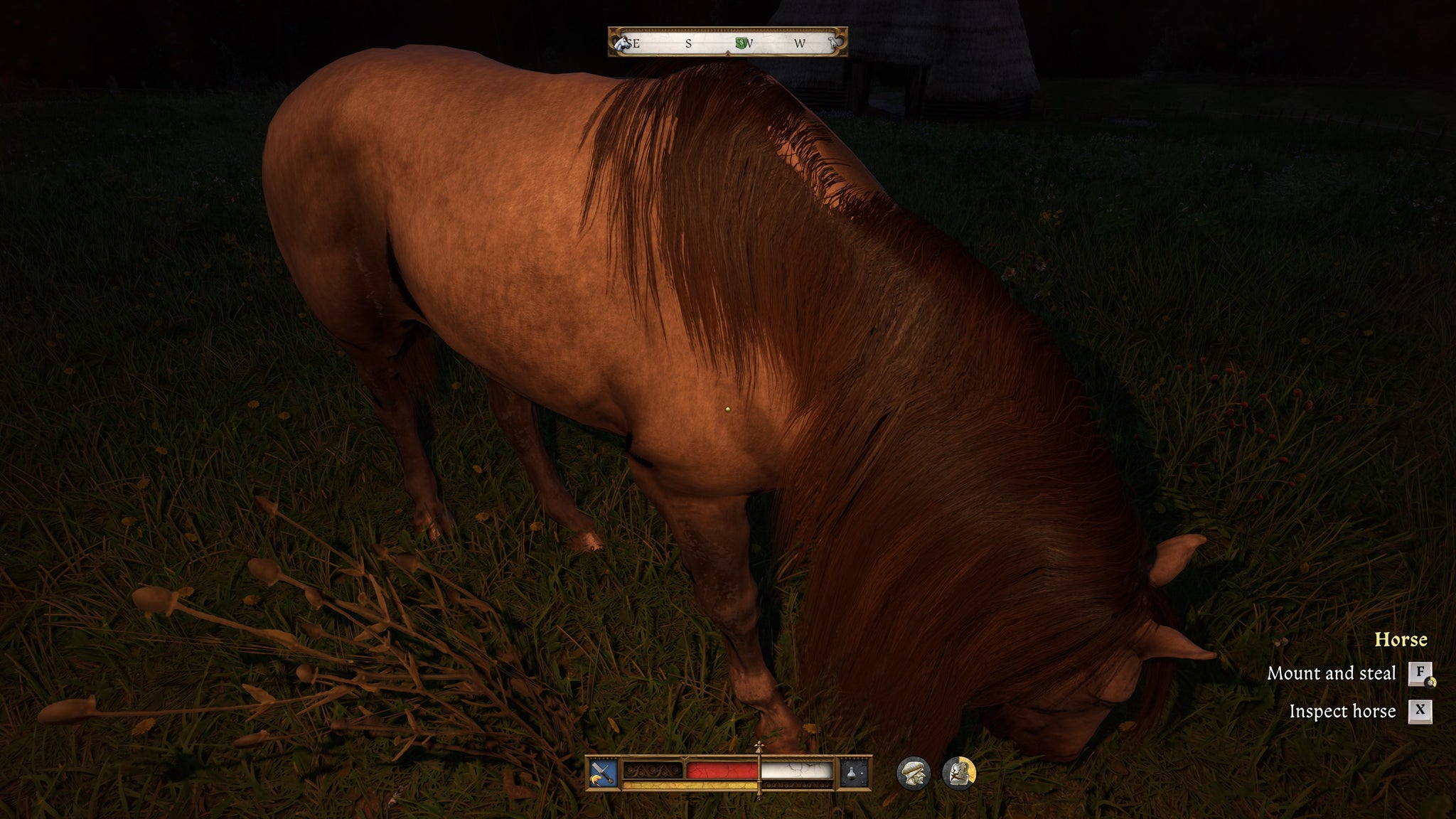 The player in Kingdom Come: Deliverance 2 approaches a horse at night and prepares to steal it. - 8