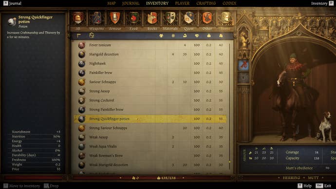 The player’s inventory in Kingdom Come: Deliverance 2 with a Strong Quickfinger Potion highlighted.