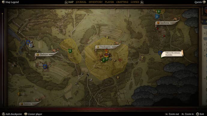 A map screen showing the location of the conciliatory cross during The Hermit quest in Kingdom Come Deliverance 2.