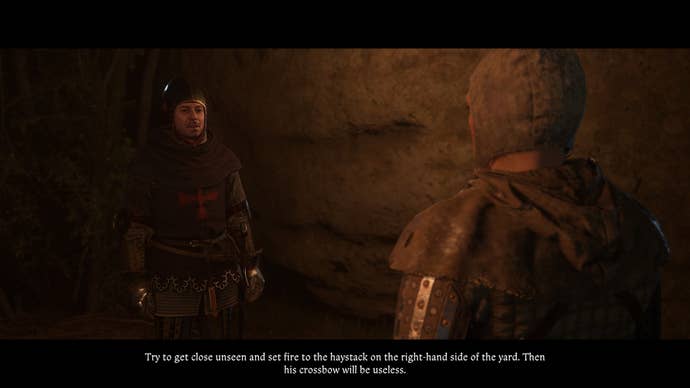 A knight of the order of the cross with the red star speaking to Henry about the Hermit in Kingdom Come Deliverance 2.
