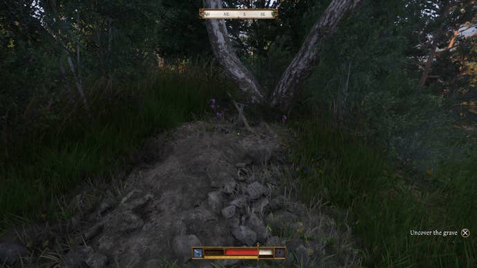 The Hermit’s sword sticking out of a freshly dug grave in Kingdom Come Deliverance 2.