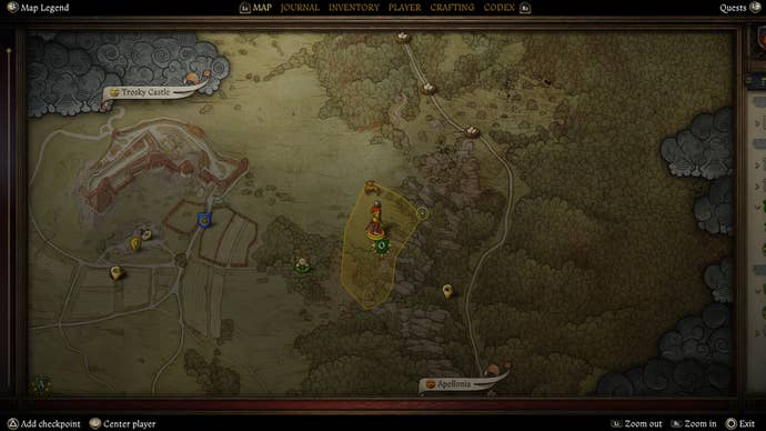 A map screen showing the location of the Hermit’s sword in Kingdom Come Deliverance 2.
