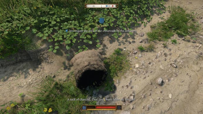 A bag of charcoal pointing the way towards the missing cart in The Jaunt.