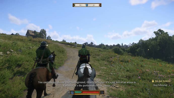 Henry following Lord Semine and Captain Gnarly on horseback in Kingdom Come Deliverance 2.