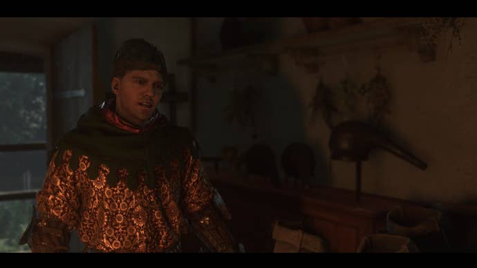 Henry speaking to the alchemist in Troskowitz while wearing a full fancy outfit in Kingdom Come Deliverance 2.