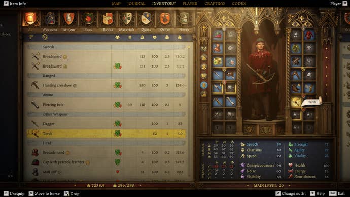 A screenshot of the player inventory screen in Kingdom Come: Deliverance 2, with the Torch slot highlighted.