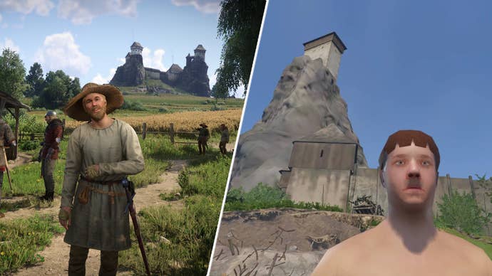 A Kingdom Come Deliverance 2 NPC in high graphics, alongside one rendered in potato graphics.