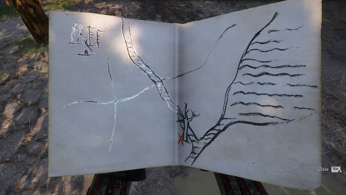 A piece of paper with a bandit’s treasure map drawn on it is held in the player’s hands in Kingdom Come: Deliverance 2.