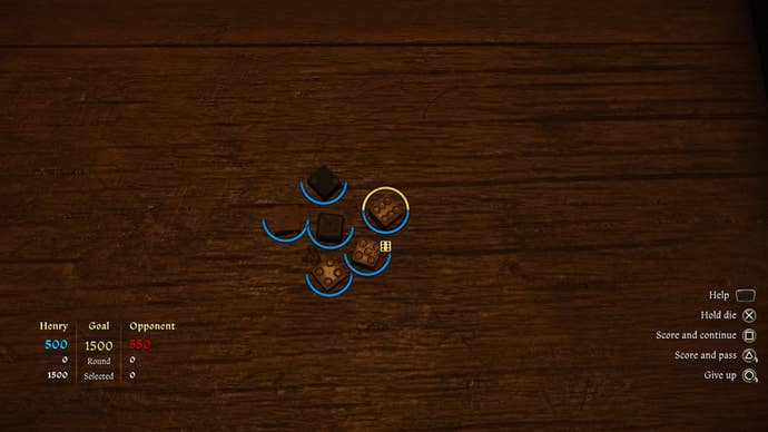 The dice game in Kingdom Come Deliverance 2, where the player has rolled a sequence of 1, 2, 3, 4, 5, 6.