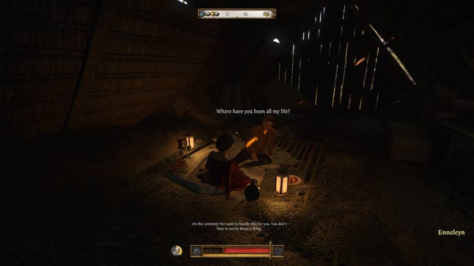 Henry walking towards Enneleyn and Hans Capon at the Semine wedding in Kingdom Come Deliverance 2.