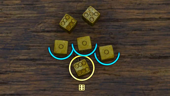 A close-up of six yellow dice on a wooden board in Kingdom Come: Deliverance 2.