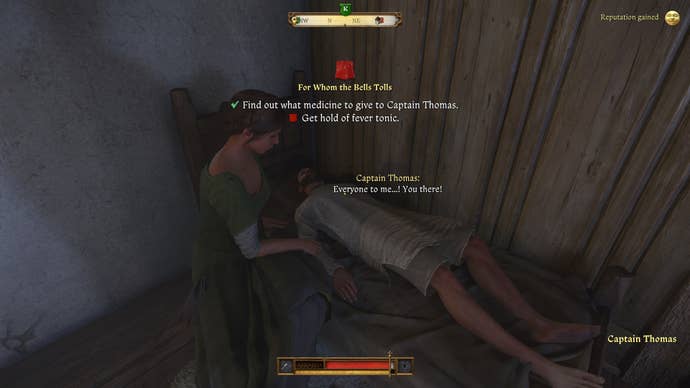 The player in Kingdom Come: Deliverance 2 speaks with Adela, Sir Thomas’s sister, while Sir Thomas is feverish in bed.