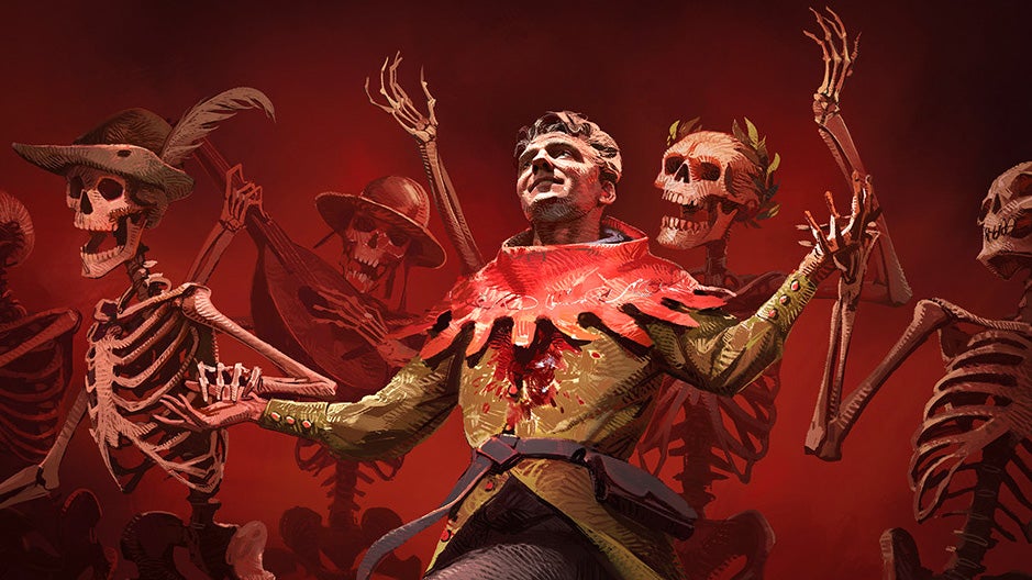 A medieval man with a bloody wound in their chest skips merrily in a circle with skeletons while smiling as if up at the heaven's above.