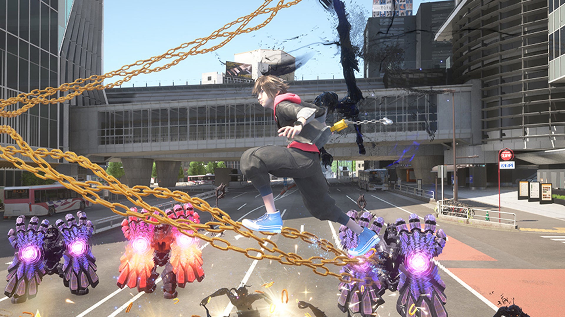 Sora riding around some chains, enemies beneath him in a city space in a screenshot from Kingdom Hearts 4. - 1