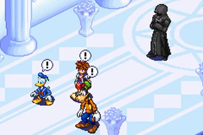 Sora and the party stand in front of a hooded figure dressed in black in KH: Chain of Memories