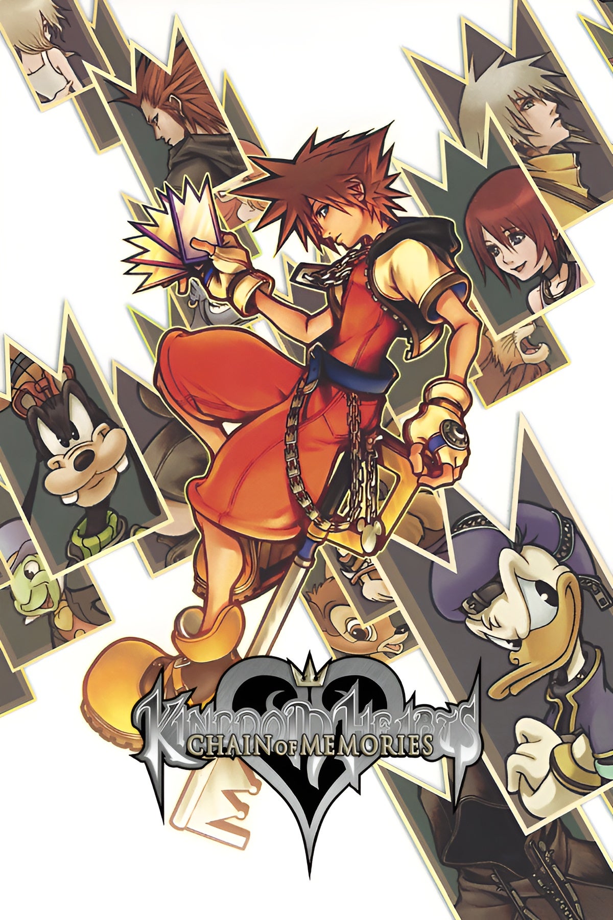 Kingdom Hearts Chain of memories key art, with Sora sat in the middle and character portraits forming a cross behind. - 3