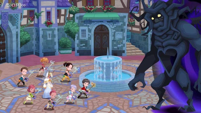 A screenshot of Kingdom Hearts Union, where keyblade wielders battle a huge boss darkness.