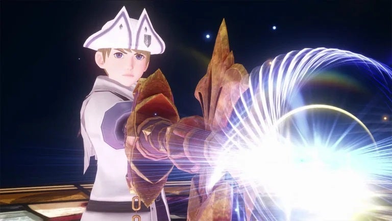 A blonde man in a white coat and hat points a Keyblade towards the camera. Light is emitting from the end of the Keyblade