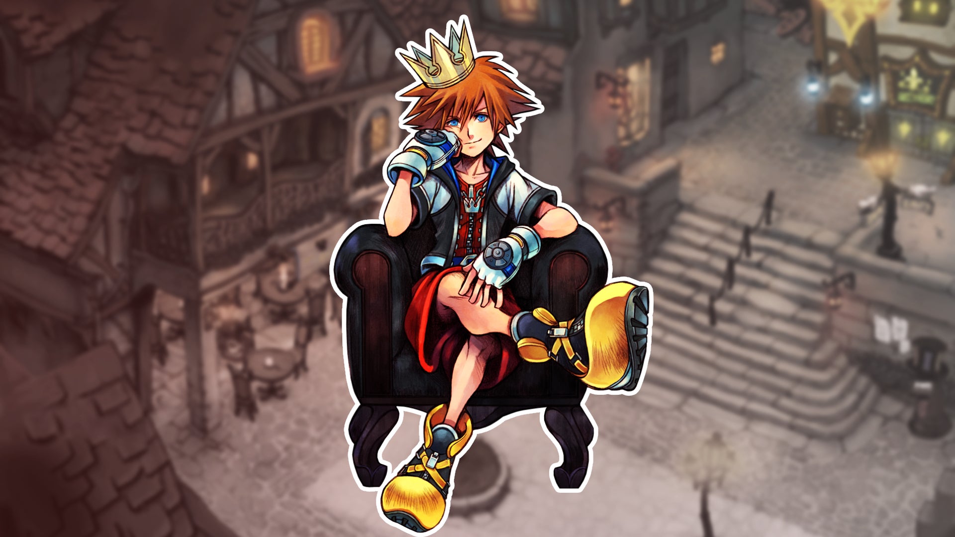 Sora sits on a throne, looking directly into the camera, in a Kingdom Hearts background that is slightly blurred. - 3
