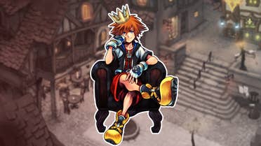 Sora sits on a throne, looking directly into the camera, in a Kingdom Hearts background that is slightly blurred.