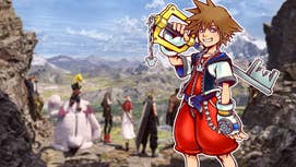 2D art of Sora from Kingdom Hearts with his Kingdom Key held over his back. He is super imposed over some key art from Final Fantasy 7 Rebirth showing the main cast of characters looking out over a grassy, mountainous landscape.