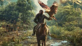 Kingdom of tha Hood of tha Apes posta showin a ape ridin a horse, a big-ass bird of prey perched on his thugged-out arm.