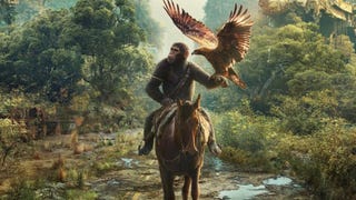 Kingdom of the Planet of the Apes poster showing an ape riding a horse, a large bird of prey perched on his arm.