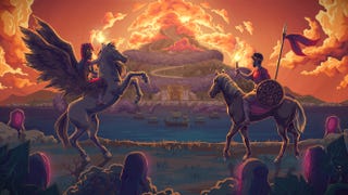 Key art for the game Kingdom Two Crowns: Call of Olympus, showing an erupting Mount Olympus in the background, and two characters atop horses in the foreground, carrying torches. The sky is fiery orange.