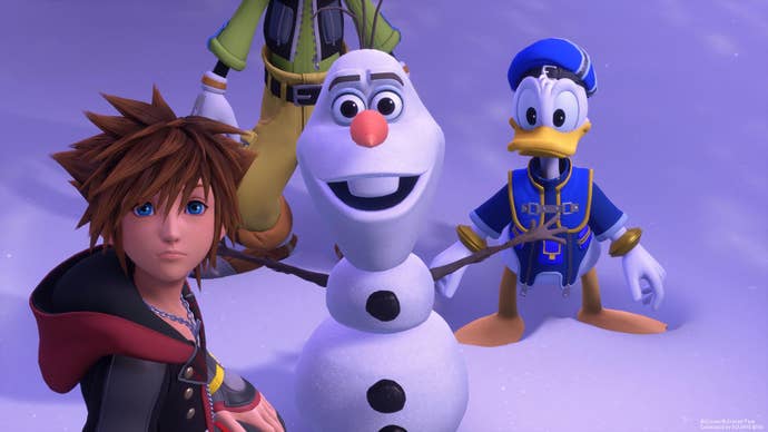 Sora, Donald and Olaf in Frozen world from Kingdom Hearts 3