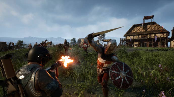 A worker shoots a machinegun astatine a medieval knight swinging a sword successful Kingmakers.