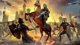kingmakers key art showing a counter-strike looking guy with a UMP-45 on the back of a horse, shooting medieval soldiers in front of a castle