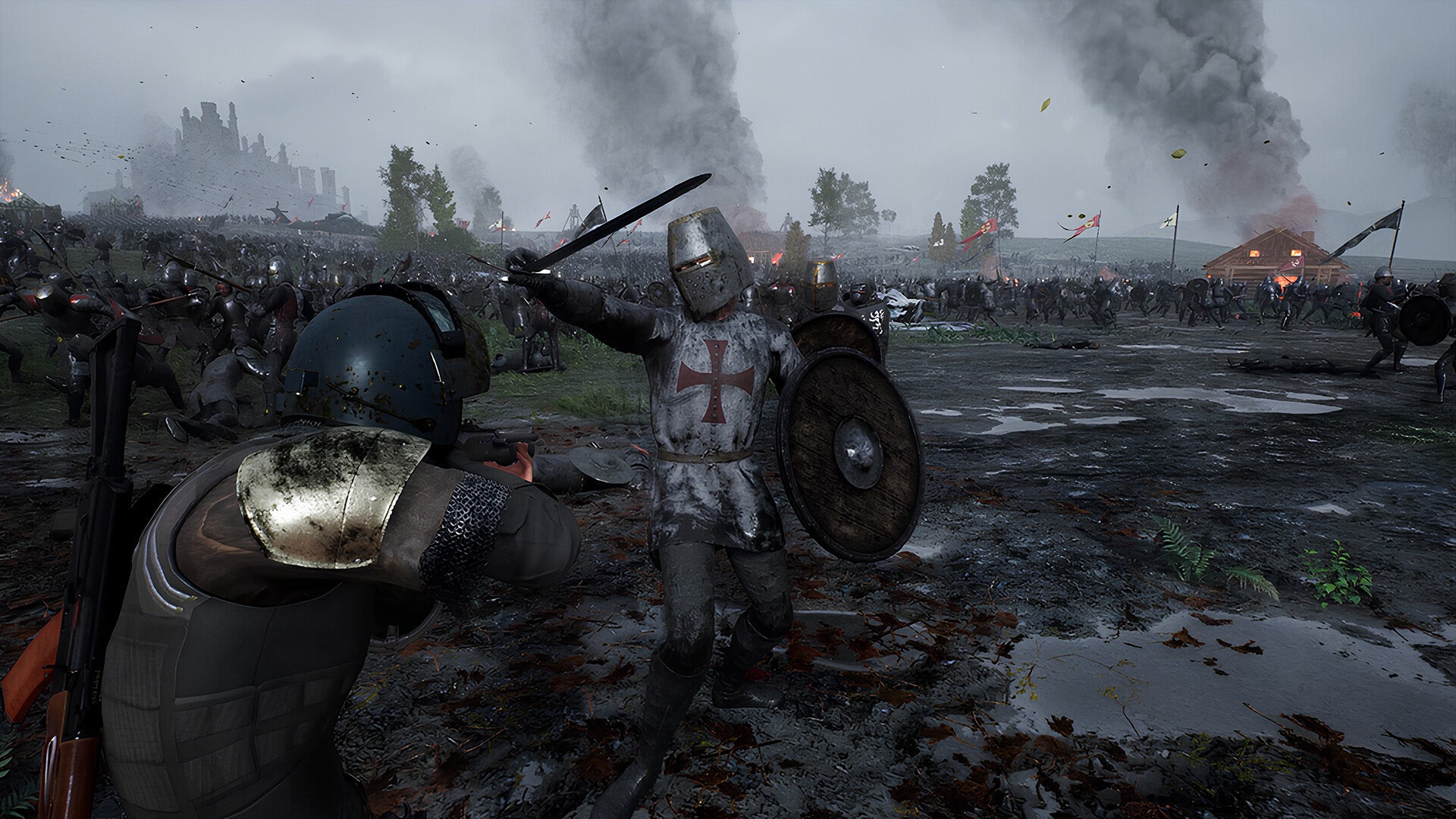 A person is pointing a gun at a medieval knight in Kingmakers. - 1