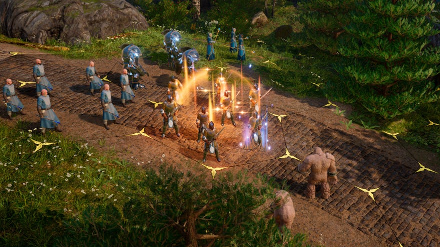 Wizards fighting golems on a hex battlefield in a King’s Bounty 2 screenshot.